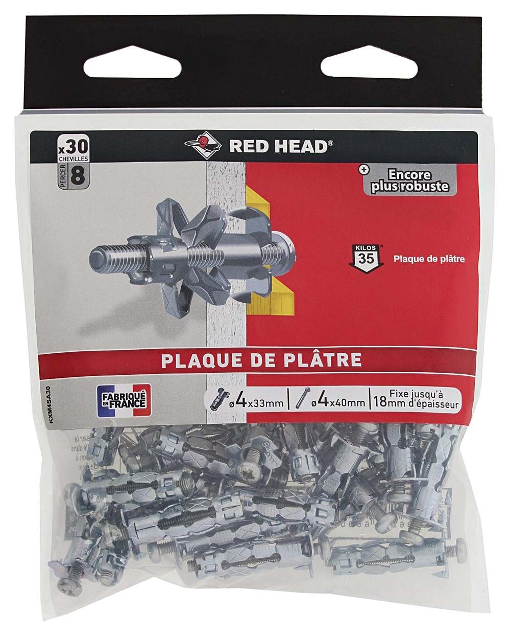 30 chevilles Klix Ø4x33mm + vis TR Ø4x40mm pour placo - RED HEAD